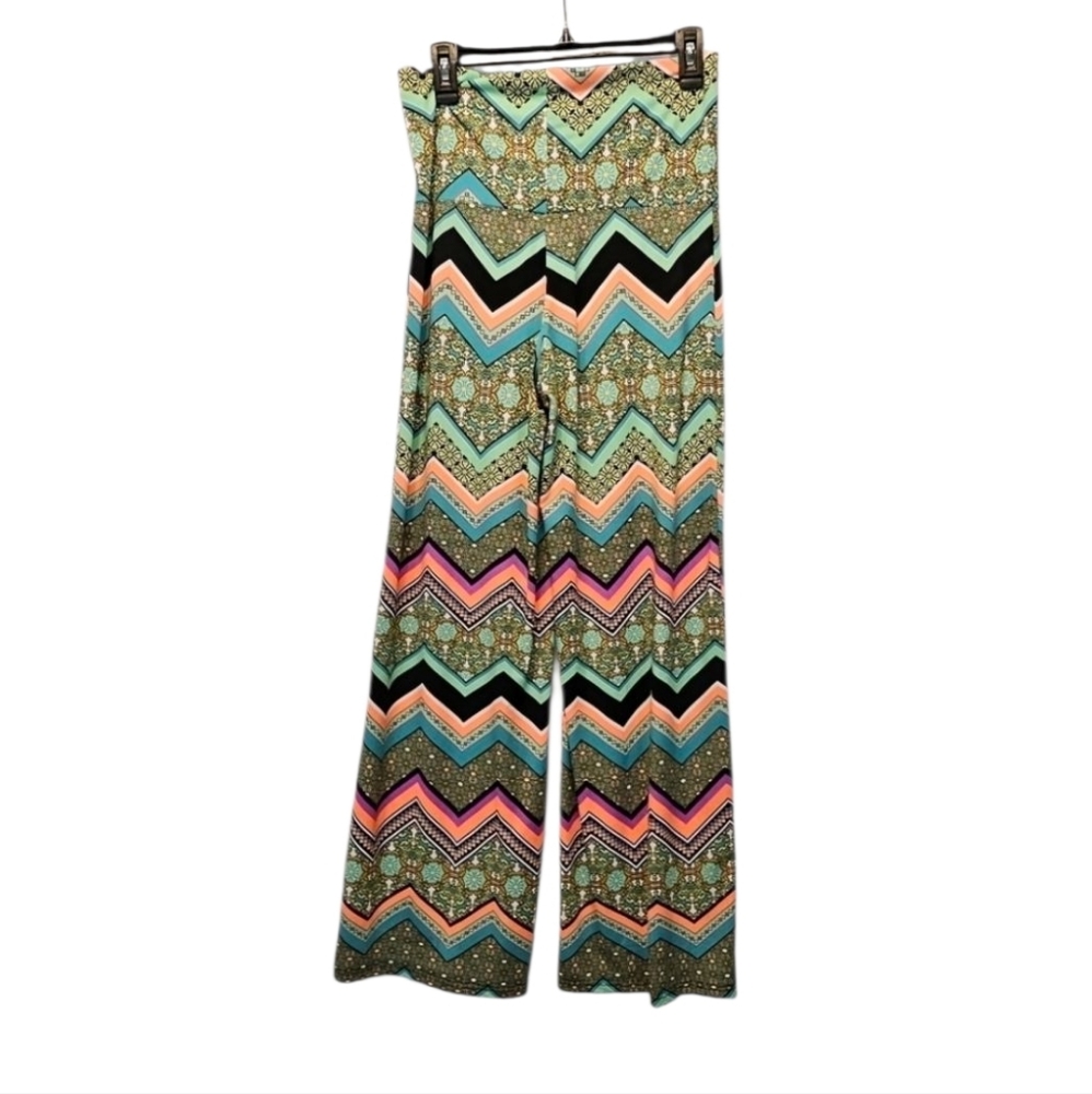 White Mark Wide Leg Palazzo Chevron Print Multi Colored Folded Waist Pants Sz L